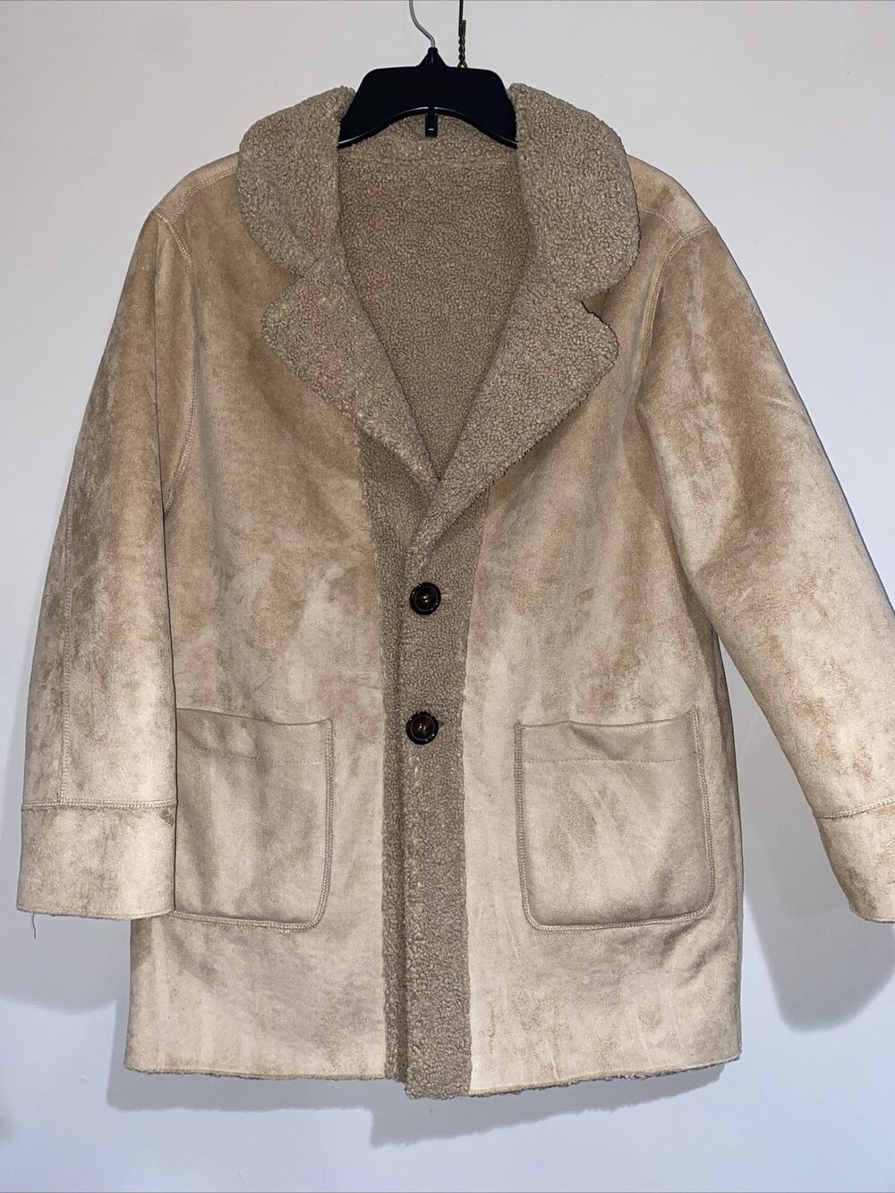 Zara Girl’s Beige Teddy Faux Sherpa Coat Faux Suede Button Pockets Sz 13-14 Yrs